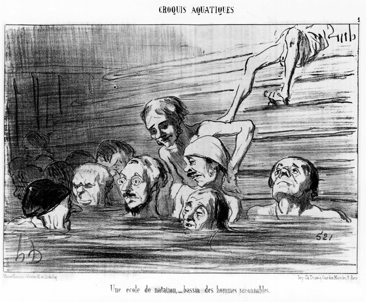 Úszóiskola, értelmes férfiak medencéje: Honore Daumier (1808-1879) úszásról szóló rajzfilmsorozatának illusztrációja. "Macskazene" alkotó: Honoré Daumier