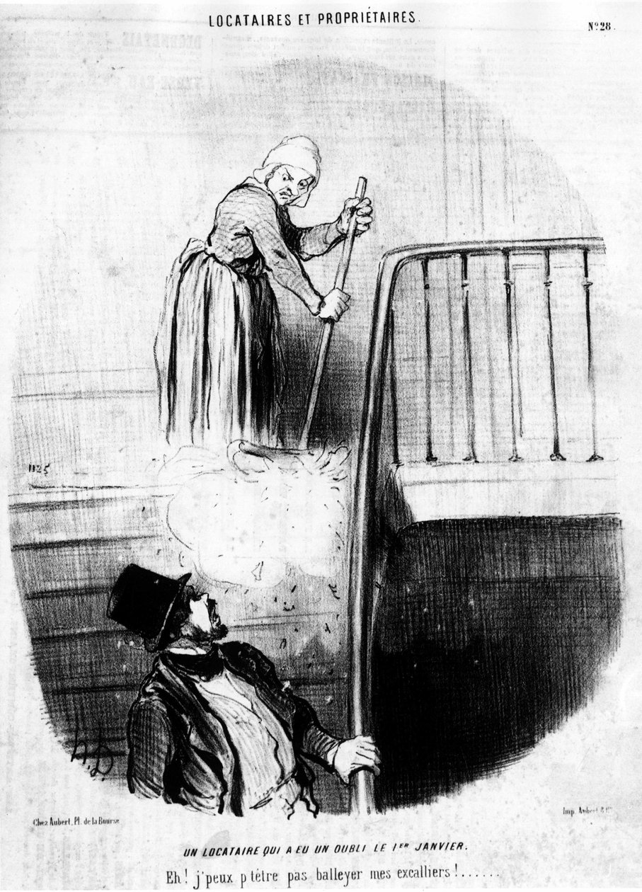 Egy bérlő, akinek január 1-jén feledésbe merült a lakása. Hé, nem dobhatom el a mászókámat! , Honore Daumier (1808-1879) "Tenants et Owners" című karikatúrasorozatából. "Charivari" alkotó: Honoré Daumier
