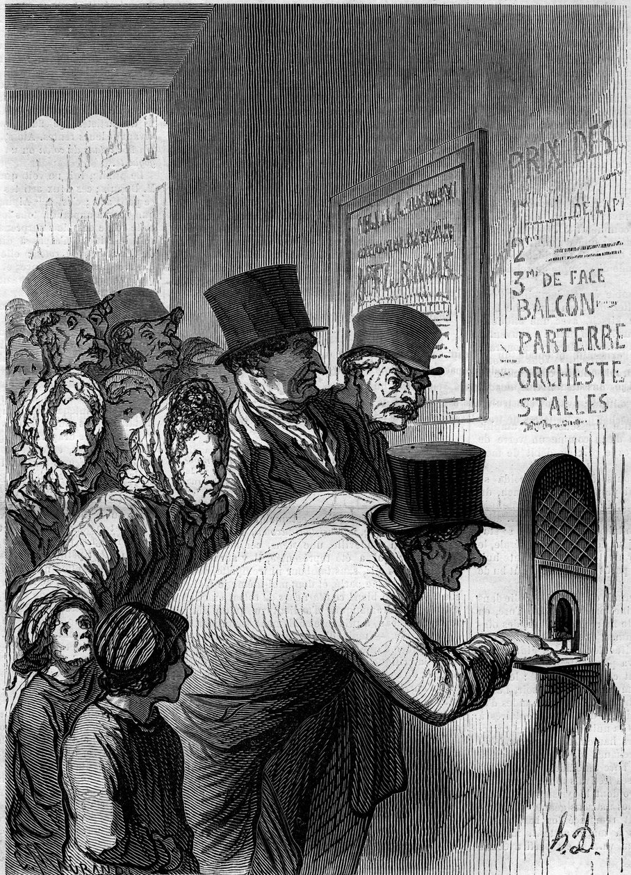 Egy színházi ablak. Honore Daumier (1808-1879) rajzfilmje. Metszet a „” Le Monde Illustré”” 269. számában, 1862. június 7. alkotó: Honoré Daumier