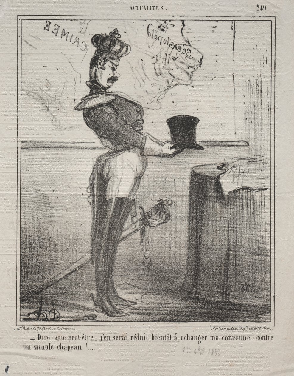 Aktualitások (249. sz.): Azt mondják, hamarosan lecsökkentem a koronámat egy egyszerű kalapra! alkotó: Honoré Daumier