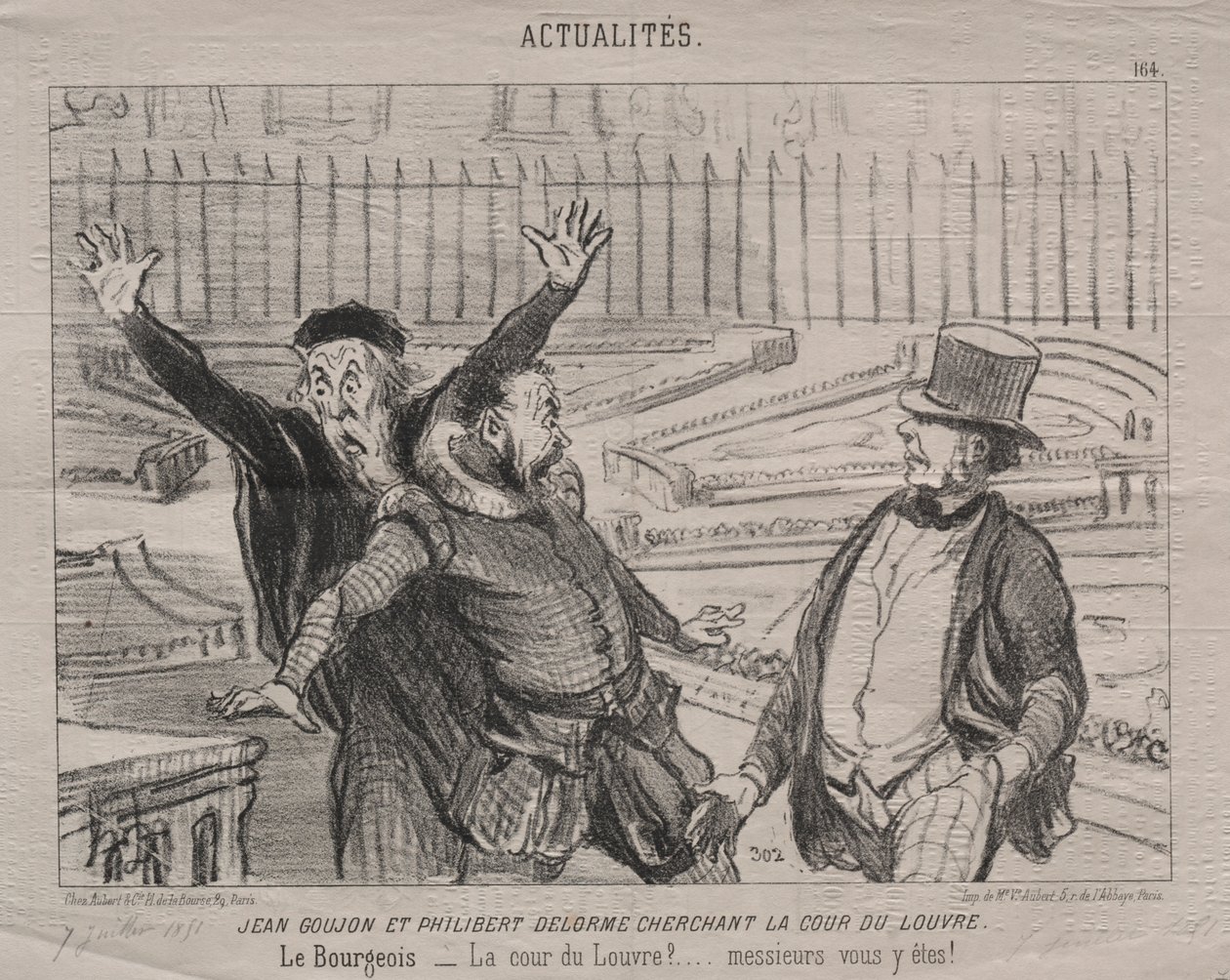 Aktualitások (164. tábla): Jean Goujon és Philibert Delorme a Louvre udvarát keresik alkotó: Honoré Daumier