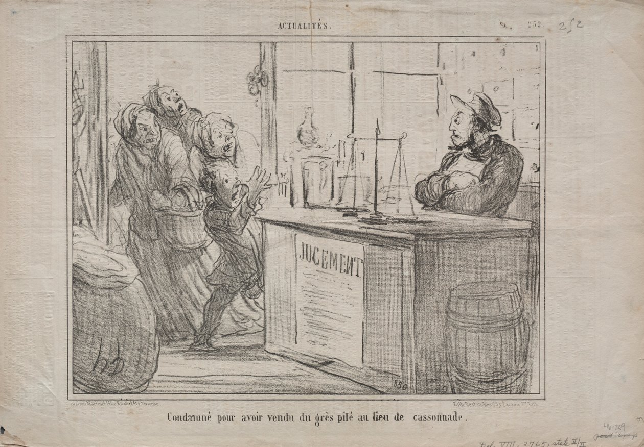 Aktualitások 252. sz.: Elítélték, mert nedves barna cukor helyett egy rakás homokot adott el, 1855. alkotó: Honoré Daumier