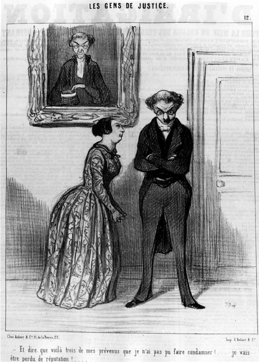 És azt mondani, hogy ez a három vádlott, akiket nem tudtam volna elítélni!... veszítse el a hírnevét!... , a Gens de Justice, Honore Daumier (1808-1879) igazságszolgáltatásról szóló rajzfilmsorozatából. "Macskazene" alkotó: Honoré Daumier