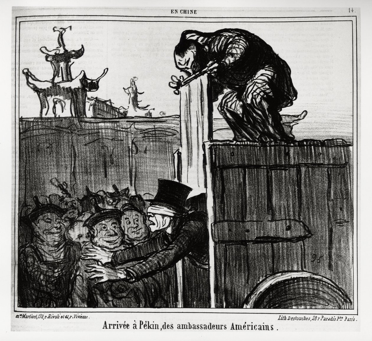 Megérkeztek Pekinbe az amerikai követek. In serie En Chine, Honore Daumier (1808-1879) illusztrációja, megjelent a "Charivari" című lapban, 1859. október 13-i keltezéssel. alkotó: Honoré Daumier
