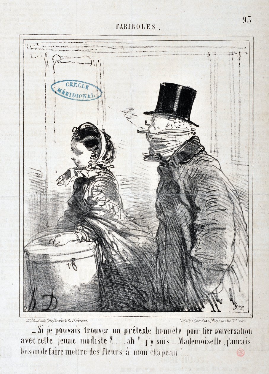 Honore Daumier (1808-1879) alkotása Charivari: Serie FARIBOLES „” – Lehet-e őszinte ürügy arra, hogy beszélgetést kezdeményezzen ezzel a fiatal modellel?... Ah! Itt vagyok... kisasszony, virágot kell raknom a kalapomra! SZÉPMŰVÉSZETI MÚZEUM - LONGCHAMP PAL alkotó: Honoré Daumier