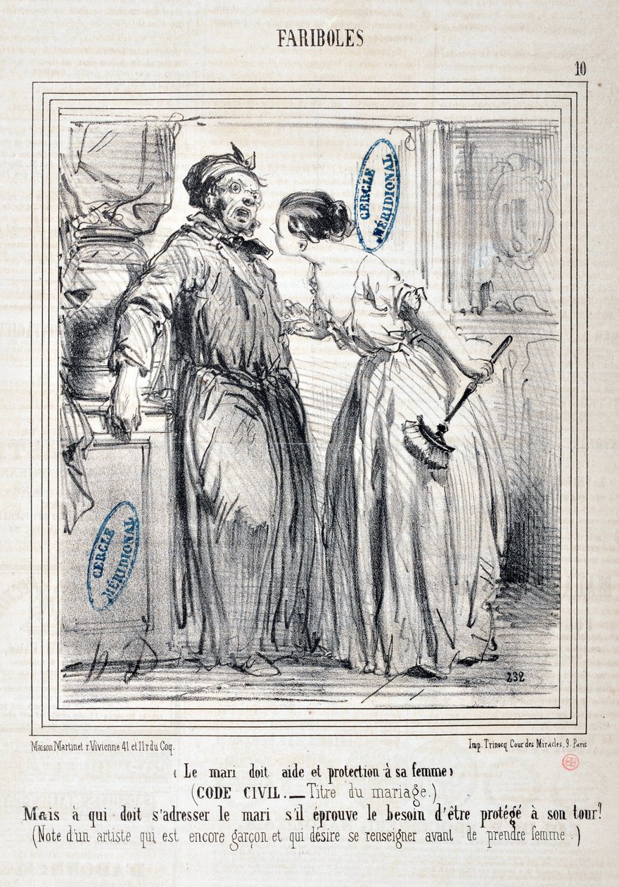 Honore Daumier (1808-1879) alkotásai Charivari: Serie FARIBOLES Le mari doit aide et protection a sa femme (Polgári törvénykönyv – Title du mariage) „” – De kinek kell megszólítania a férjet, ha úgy érzi, hogy védelemre van szüksége? (Egy művész megjegyzés alkotó: Honoré Daumier