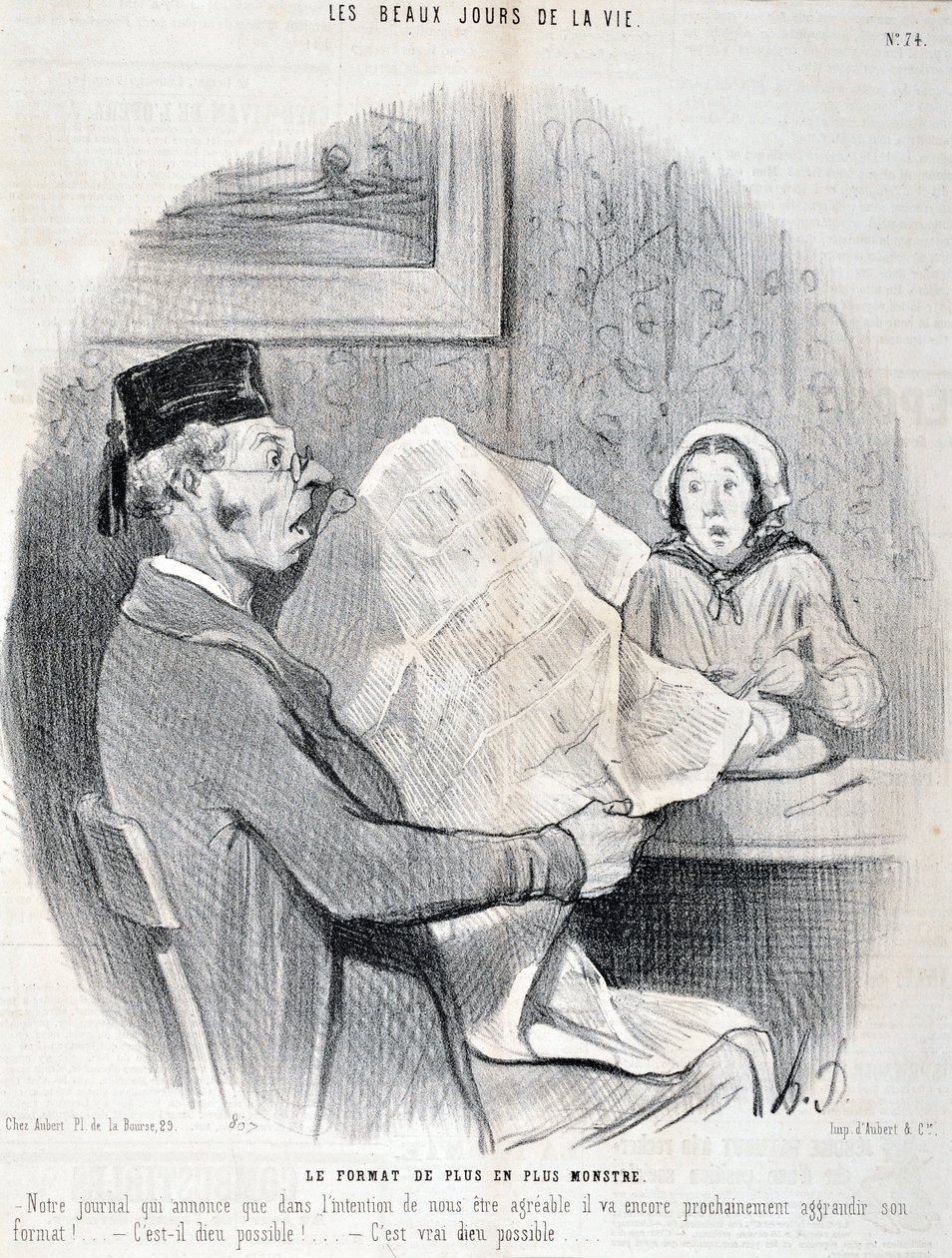 Honore Daumier (1808-1879) műve. Charivari: Az élet szép napjai című sorozat. Az egyre szörnyűbb formátum "-A mi újságunk, amely bejelenti, hogy hogy Önöknek tetsző legyen, hamarosan tovább növeli formátumát!" Lehetséges ez isten? "MUSEE DES B alkotó: Honoré Daumier