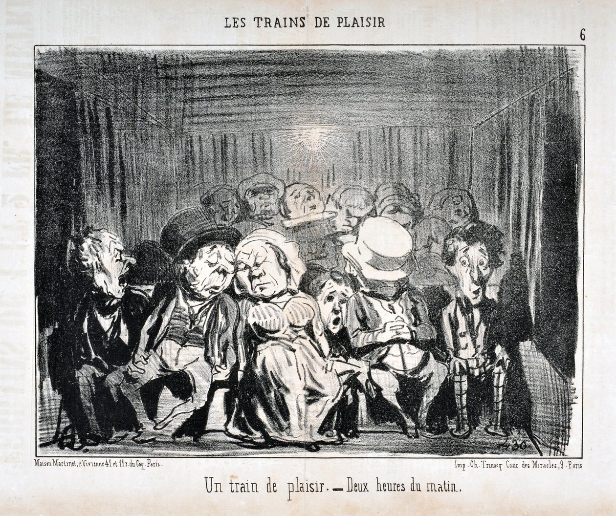 Honore Daumier (1808-1879) Charivari alkotásai 1852-ből származnak: Serie LES TRAINS DE PLAISIR -Vonat. - Hajnali két óra. SZÉPMŰVÉSZETI MÚZEUM - LONGCHAMP PALOTÁJA, MARSEILLE alkotó: Honoré Daumier