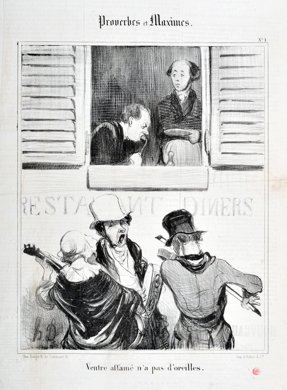 Honore Daumier (1808-1879) alkotása. Charivari 1840-ből származik: Serie PROVERBS ET MAXIMES "" A hasi éhezésnek nincs füle "" "MUSEE DES BEAUX ARTS - PALAIS LONGCHAMP, MARSEILLE alkotó: Honoré Daumier