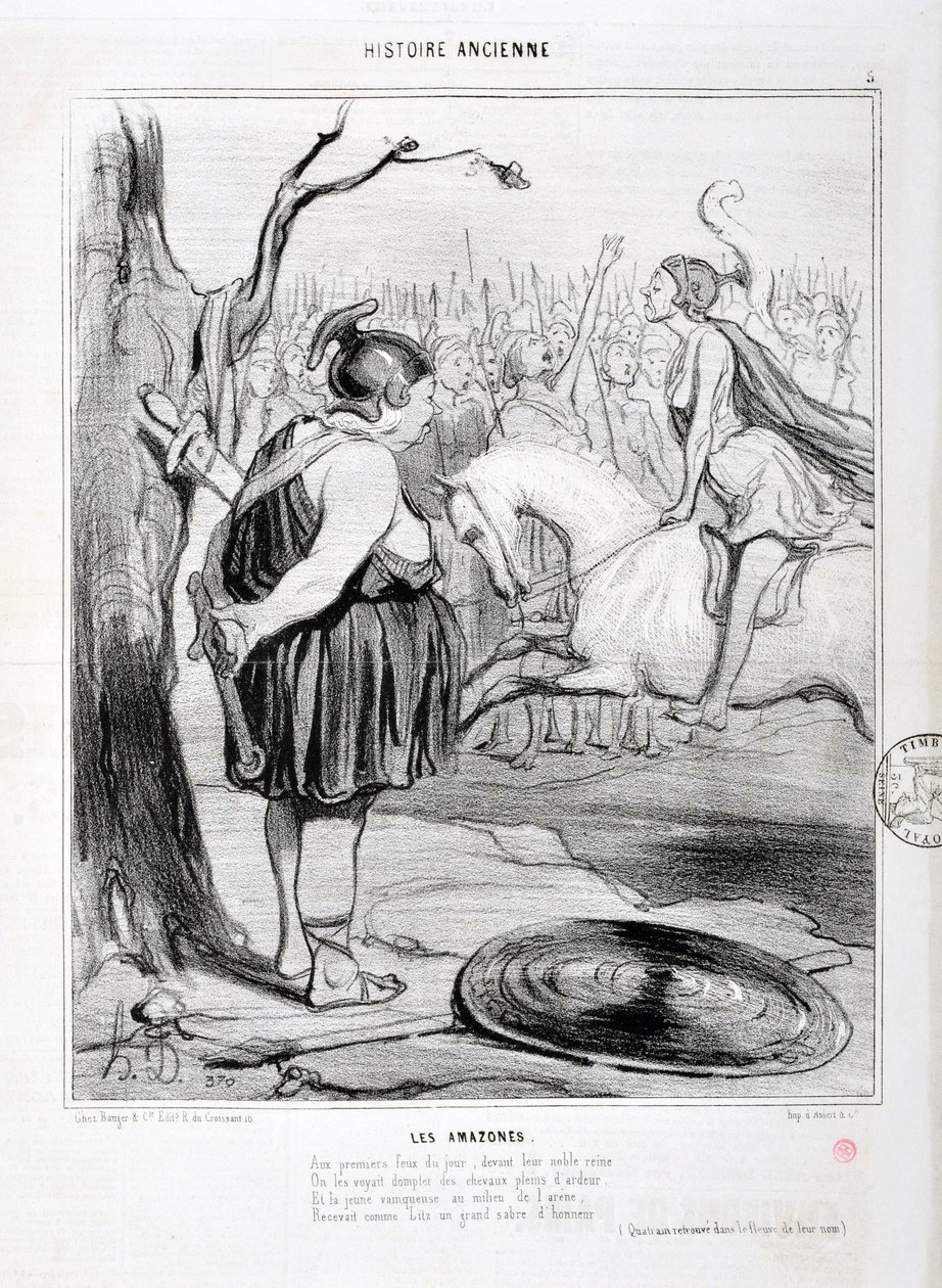 Honore Daumier (1808-1879) Charivari alkotása 1842-ből származik: Serie HISTORIE ANCIE Les Amazones. "" A nap első tüzénél, nemes királynőjük előtt látták őket lelkesedéssel teli lovakat szelídíteni. És a fiatal győztes az aréna közepén alkotó: Honoré Daumier