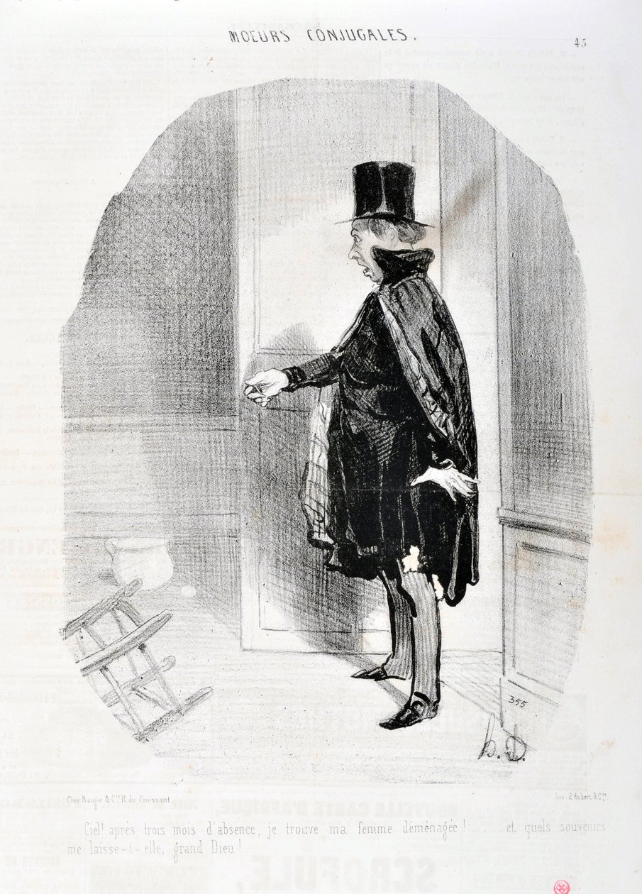 Honore Daumier (1808-1879) alkotásai. Charivari 1842-ből származik: Serie MORES CONJUALES „” A mennyország három hónap távollét után demenázsnak találom a feleségemet, és micsoda emlékeket mosok meg a nagy Istenének! “” SZÉPMŰVÉSZETI MÚZEUM – LONGCHAMP PAL alkotó: Honoré Daumier