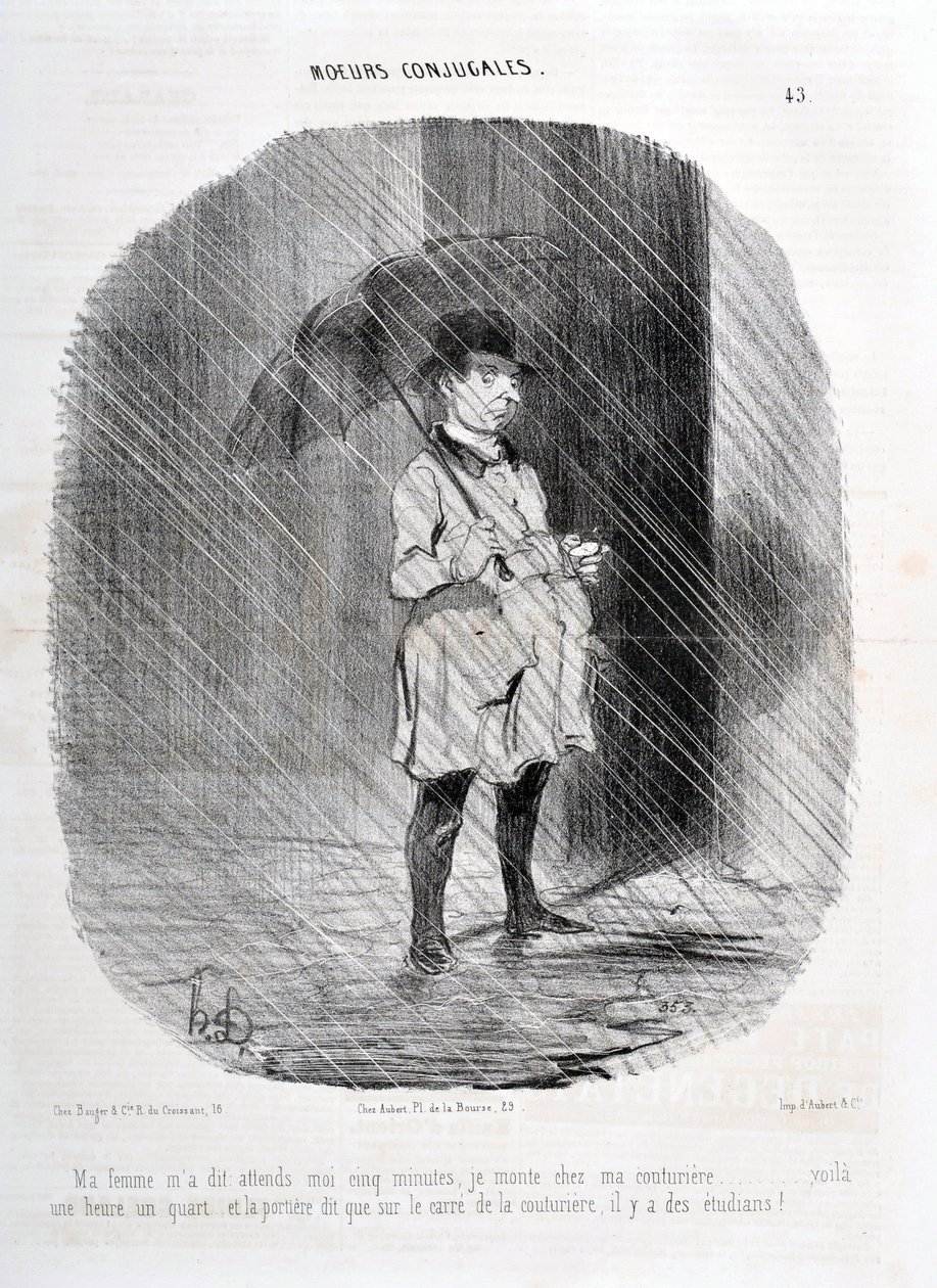 Honore Daumier (1808-1879) alkotásai. Charivari 1842-ből származik: Serie MORES CONJUALES „” A feleségem azt mondta, várjak öt percet, egy órával ezelőtt felmegyek a couturiere-hez, és az ajtó azt mondja, hogy a couturiere téren diákok vannak! " alkotó: Honoré Daumier