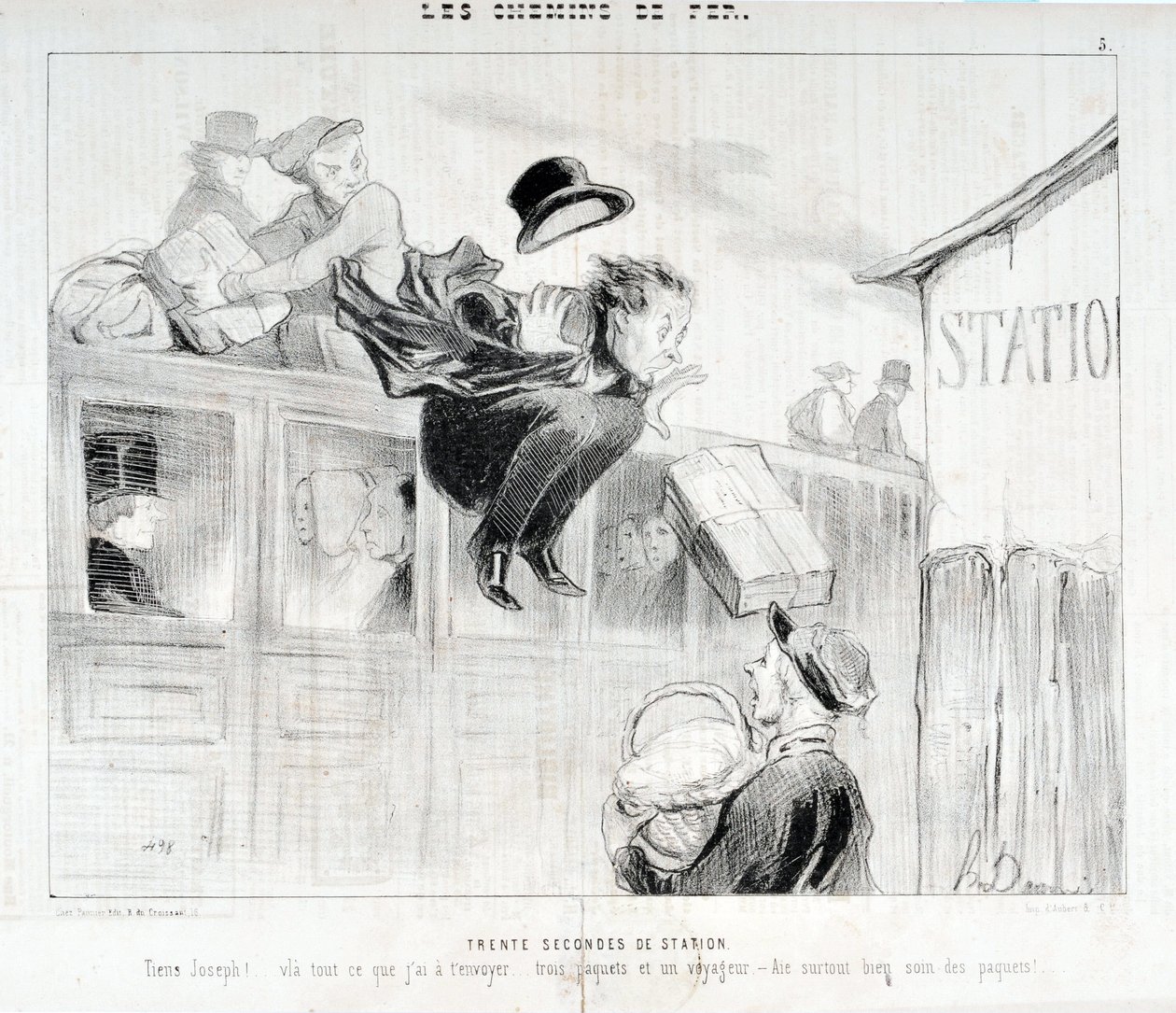 Honore Daumier (1808-1879) műve. A Charivari 1843-ból származik: Három csomag és egy utazó - Mindenekelőtt a csomagokról való gondoskodás" MUSEE DES BEAUX ART alkotó: Honoré Daumier