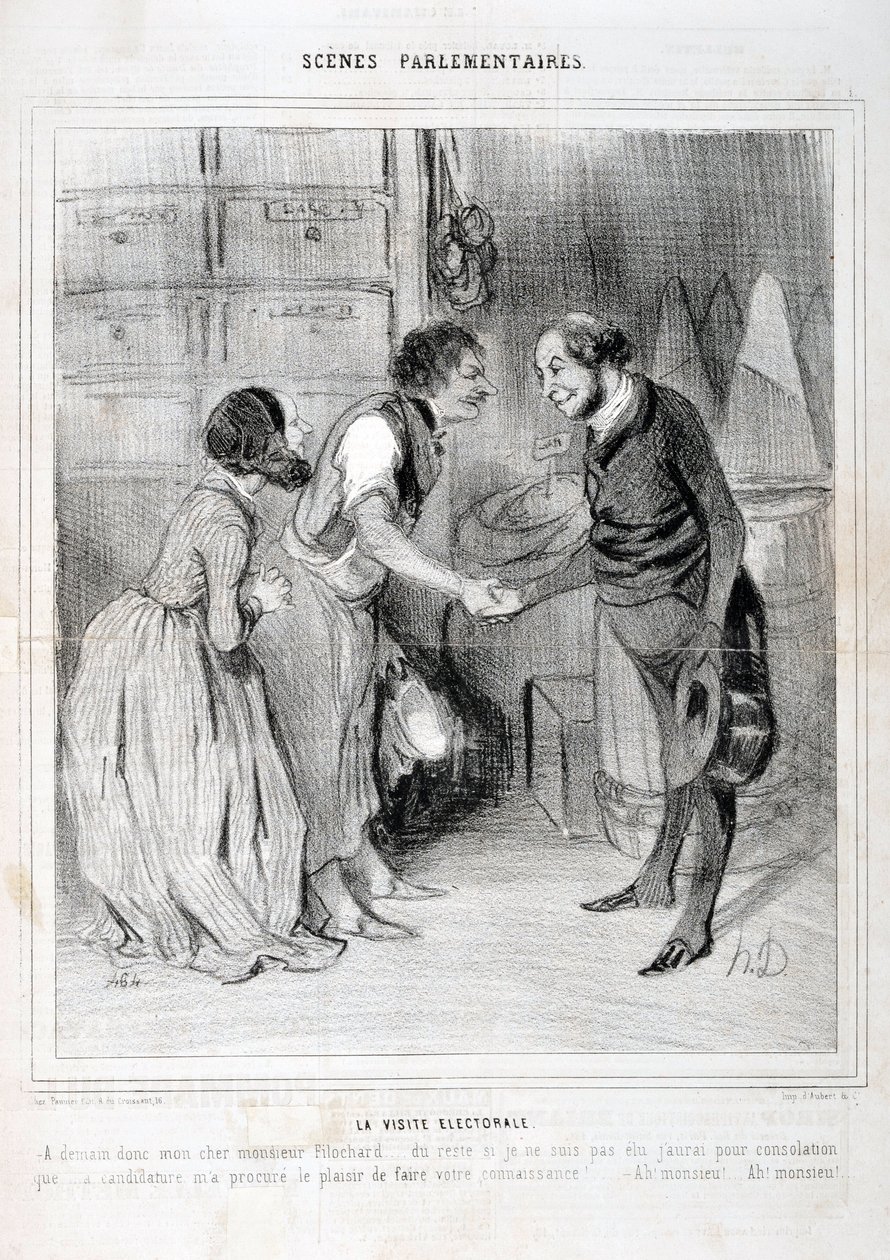 Honore Daumier (1808-1879) műve. A Charivari 1843-ból származik: Serie SCENES PARLIAMENTARY. A választási látogatás. KÉPZŐMŰVÉSZETI MÚZEUM - LONGCHAMP-PALOTA, MARSEILLE alkotó: Honoré Daumier