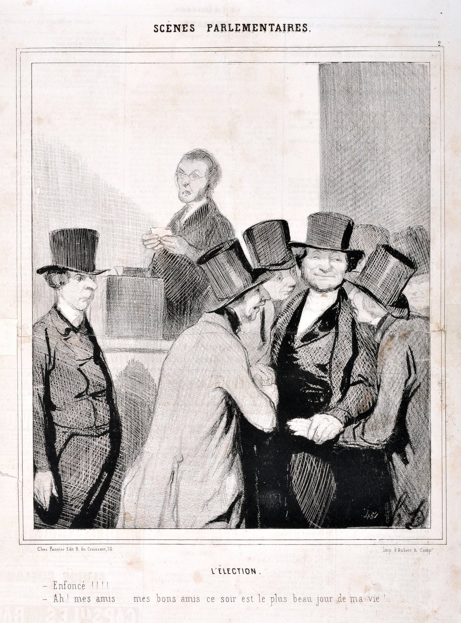 Honore Daumier (1808-1879) alkotásai. Charivari 1843-ból származik: Serie SCENES PARLAMENTI. A választás "" Ússz!!! "Ó barátaim, jó barátaim ma este életem legszebb napja!" SZÉPMŰVÉSZETI MÚZEUM - LONGCHAMP PALOTÁJA, MARSEILLE alkotó: Honoré Daumier