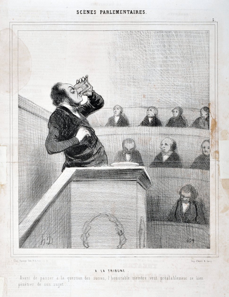 Honore Daumier (1808-1879) alkotásai. Charivari 1843-ból származik: Serie SCENES PARLAMENTI. A galériában - Mielőtt rátérnénk a cukrok kérdésére, a tisztelt. tag jól akar gondolkodni a témáján”” MUSEE DES BEAUX ARTS – PALAIS LONGCHAMP, MARS alkotó: Honoré Daumier