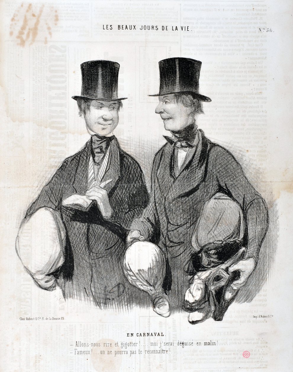 Honore Daumier (1808-1879) alkotásai. A Charivari 1845-ből származik: Serie LES BEAUX DAYS DE LA VIE. A karneválban "" - Nevessünk és vicceljünk! Csalódni fogok, mint okos! Híres! Nem ismerünk fel...” KÉZMŰVÉSZETI MÚZEUM – LONGCHAMP PALOTÁJA, MARSEILLE alkotó: Honoré Daumier