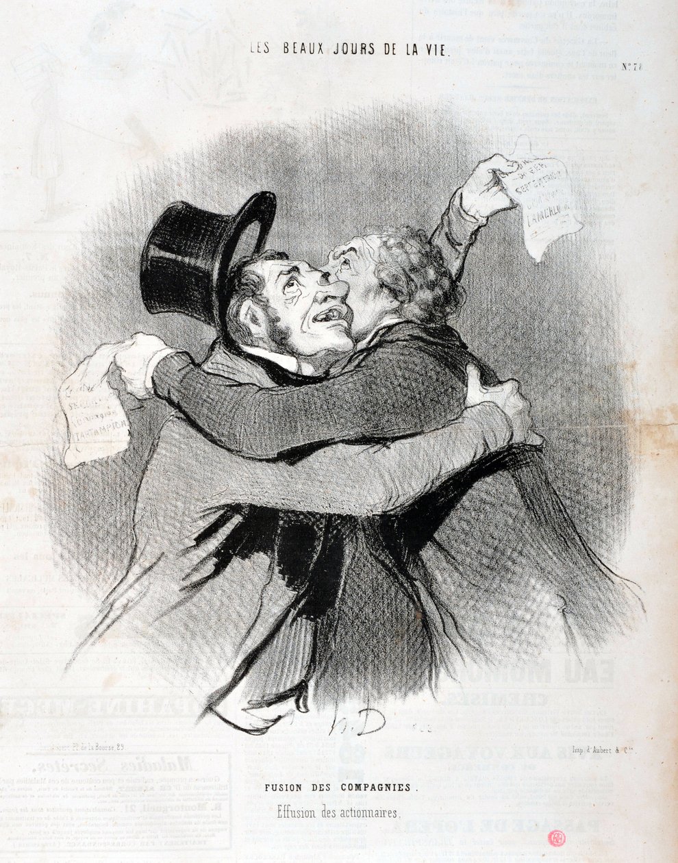 Honore Daumier (1808-1879) műve. A Charivari 1845-ből származik: Serie LES BEAUX DAYS DE LA VIE. Társaságok egyesülése - A részvényesek kilépése. SZÉPMŰVÉSZETI MÚZEUM - LONGCHAMP-PALOTA, MARSEILLE alkotó: Honoré Daumier