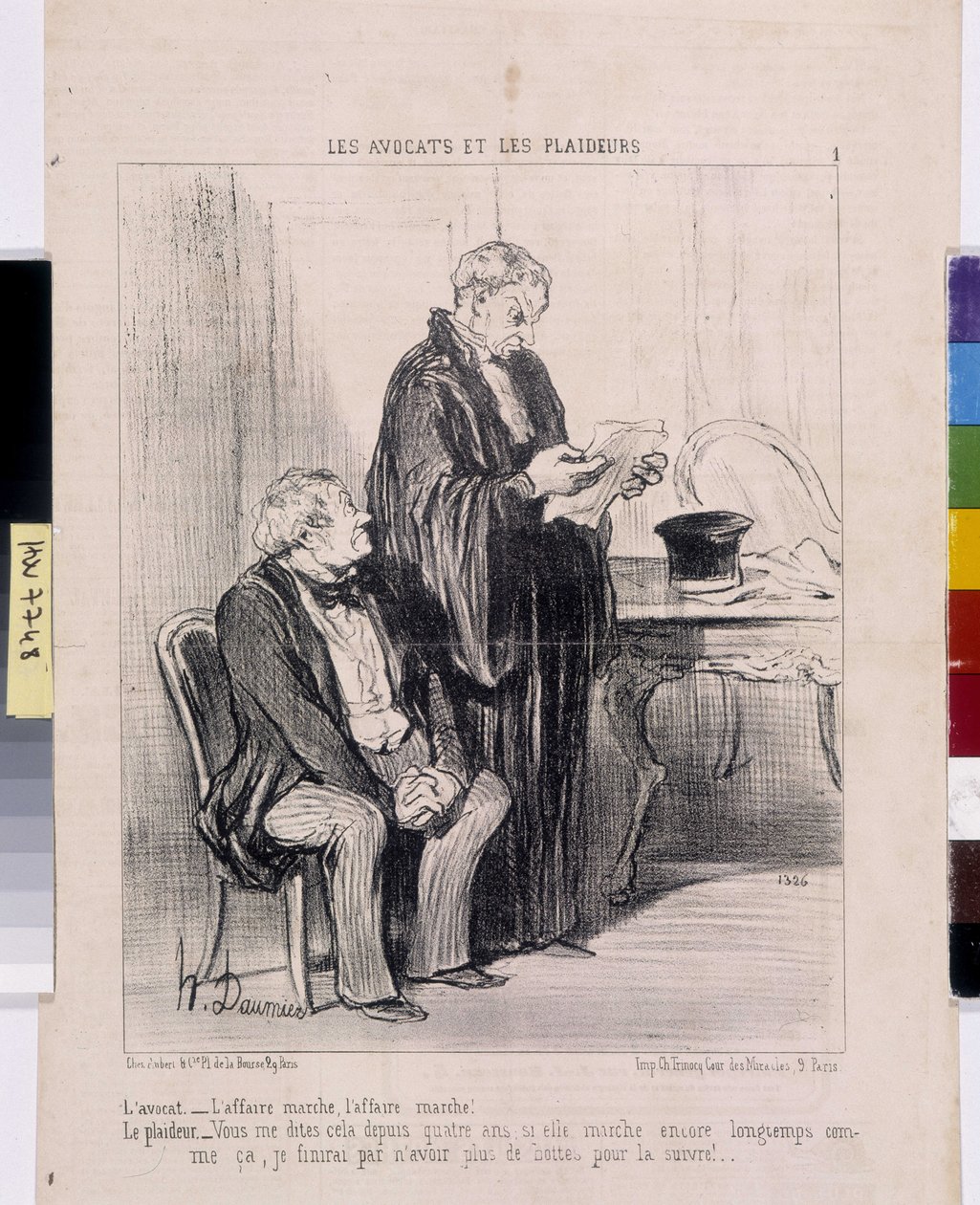 Honore Daumier (1808-1879) alkotása. A Charivari 1851-ből származik: Serie LES Avocats et les litigants. „Az ügyvéd – az ügy működik, az ügy működik! A pereskedő – Négy éve mondod ezt nekem, ha még mindig olyan sokáig járkál, hogy a végén m alkotó: Honoré Daumier