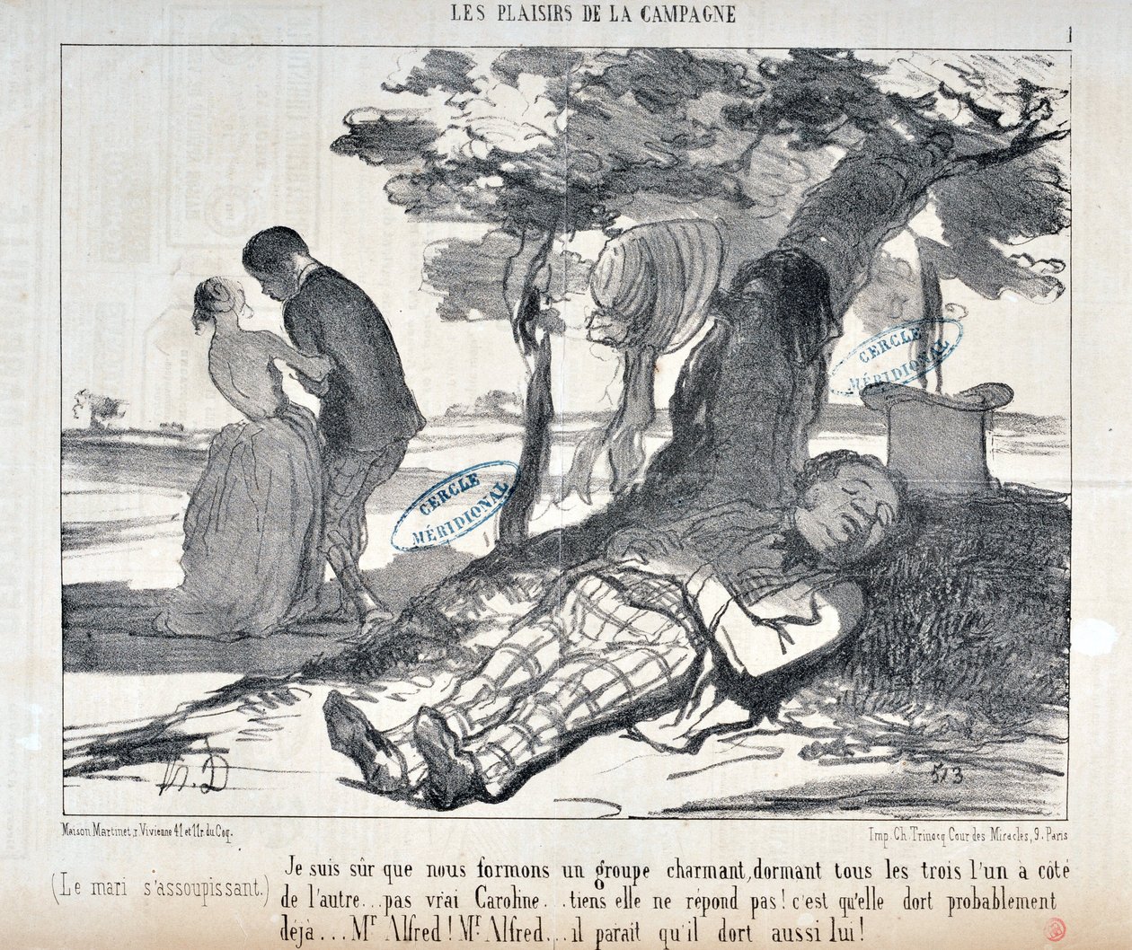 Honore Daumier (1808-1879) Charivari alkotásai 1853-ból származnak: Serie LES PLAISIRS DE LA CAMPAGNE "" Biztos vagyok benne, hogy egy bájos csoportot alkotunk, mind a hárman egymás mellett ... nem igaz Caroline... do nem válaszol! Valószínűleg már alszik alkotó: Honoré Daumier