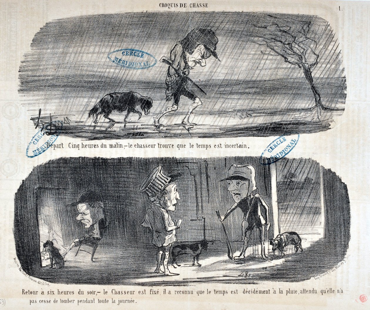 Honore Daumier (1808-1879) Charivari alkotásai 1853-ból származnak: Serie Sketches de Chasse “” Indulás Five heures du matin, - le chasseur úgy találja, hogy az időjárás bizonytalan””” „” Vissza este hat órára, - a vadász fix, ezt felismerte alkotó: Honoré Daumier