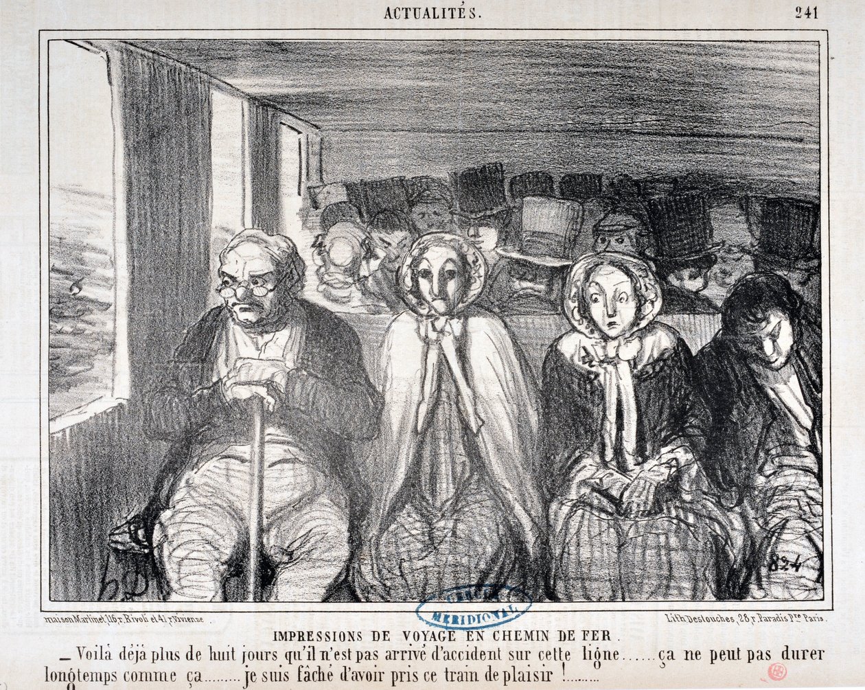 Honore Daumier (1808-1879) Charivari alkotása 1855-ből származik: Serie Actualites de voyage en railroad "" - Több mint nyolc napja nem történt baleset ezen a vonalon... ez nem tarthat sokáig így. .. Sajnálom, hogy ezen a vonaton utaztam alkotó: Honoré Daumier