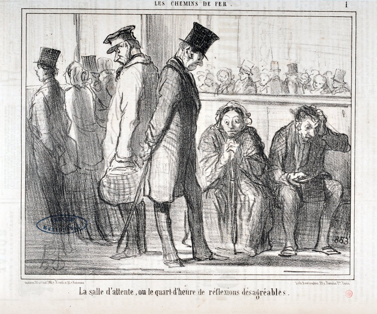 Honore Daumier (1808-1879) alkotásai. Charivari 1855-ből származik: Serie LES Chemins de fer "" A váróterem vagy a kellemetlen reflexiók negyedórája""" MUSEE DES BEAUX ARTS - PALAIS LONGCHAMP, MARSEILLE alkotó: Honoré Daumier
