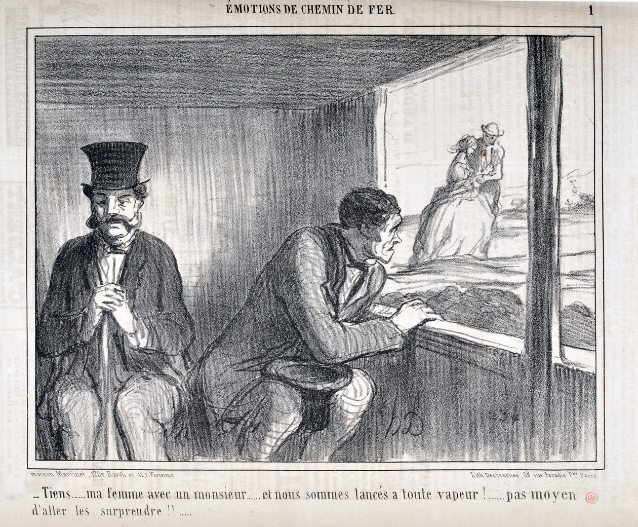 Honore Daumier (1808-1879) Charivari alkotásai 1858-ból származnak: Serie EMOTIONS HU Chemin de fer - „Itt... a feleségem egy úriemberrel... és teljes gőzzel megyünk előre!... semmi meglepetés. őket!!...” SZÉPMŰVÉSZETI MÚZEUM - LONGCHAMP PALOTA, MÁRCIUS alkotó: Honoré Daumier