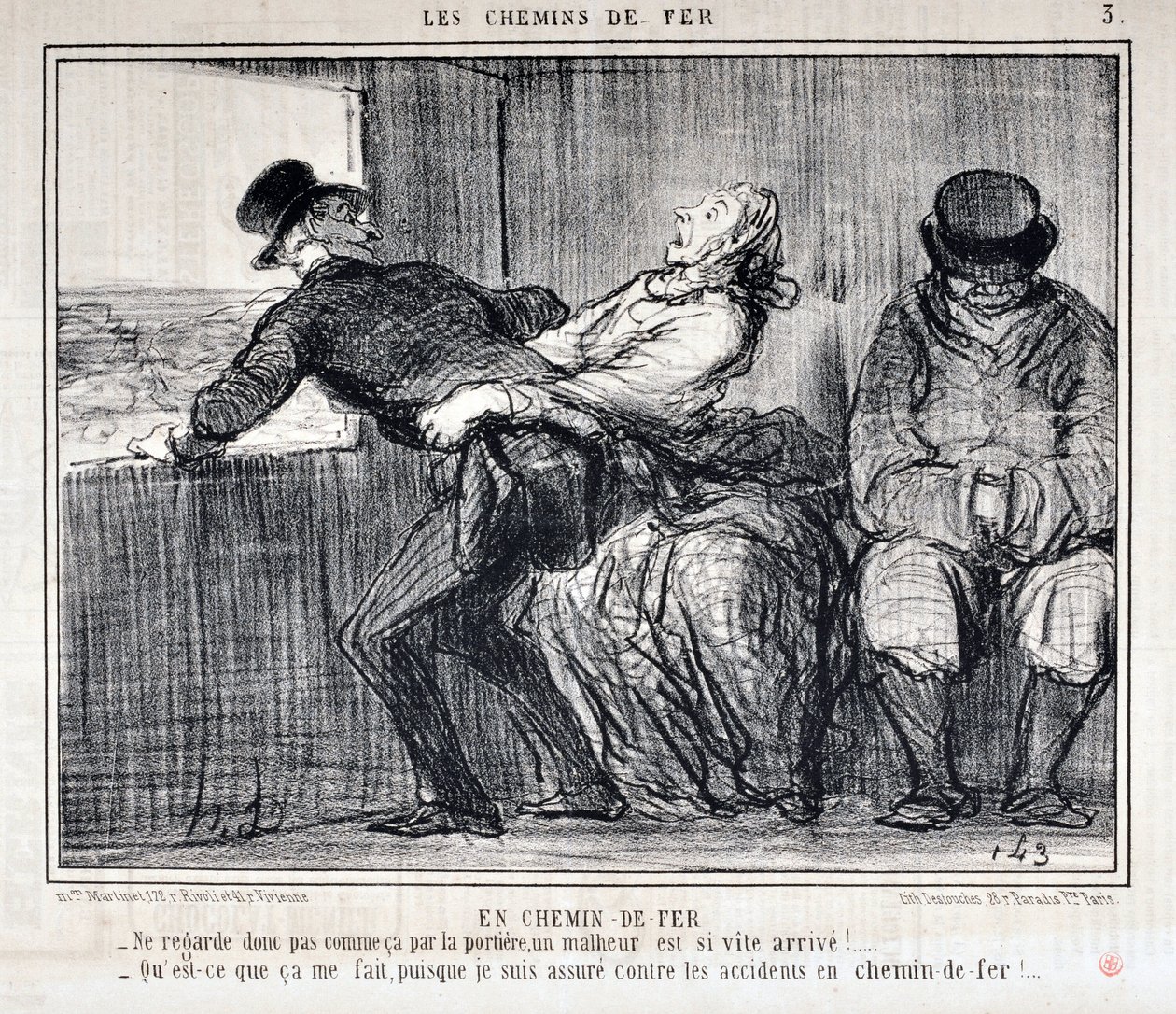 Honore Daumier (1808-1879) alkotásai. A Charivari 1858-ból származik: Serie LES RAILWAYS By Railroad “” - Szóval ne nézz így az ajtón keresztül, olyan gyorsan jön a szerencsétlenség!... „Mit számít ez nekem, mivel balesetek ellen biztosítva vagyok a railwa alkotó: Honoré Daumier