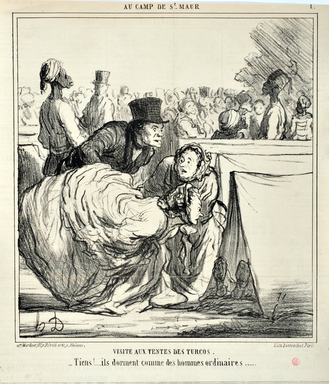 Honore Daumier (1808-1879) alkotásai Charivari 1859-ből való: Serie AU CAMP DE SAINT MAUR Látogatás a turkók sátraiban. “” -Itt!... úgy alszanak, mint a hétköznapi férfiak...” SZÉPMŰVÉSZETI MÚZEUM - LONGCHAMP PALOTÁ, MARSEILLE alkotó: Honoré Daumier