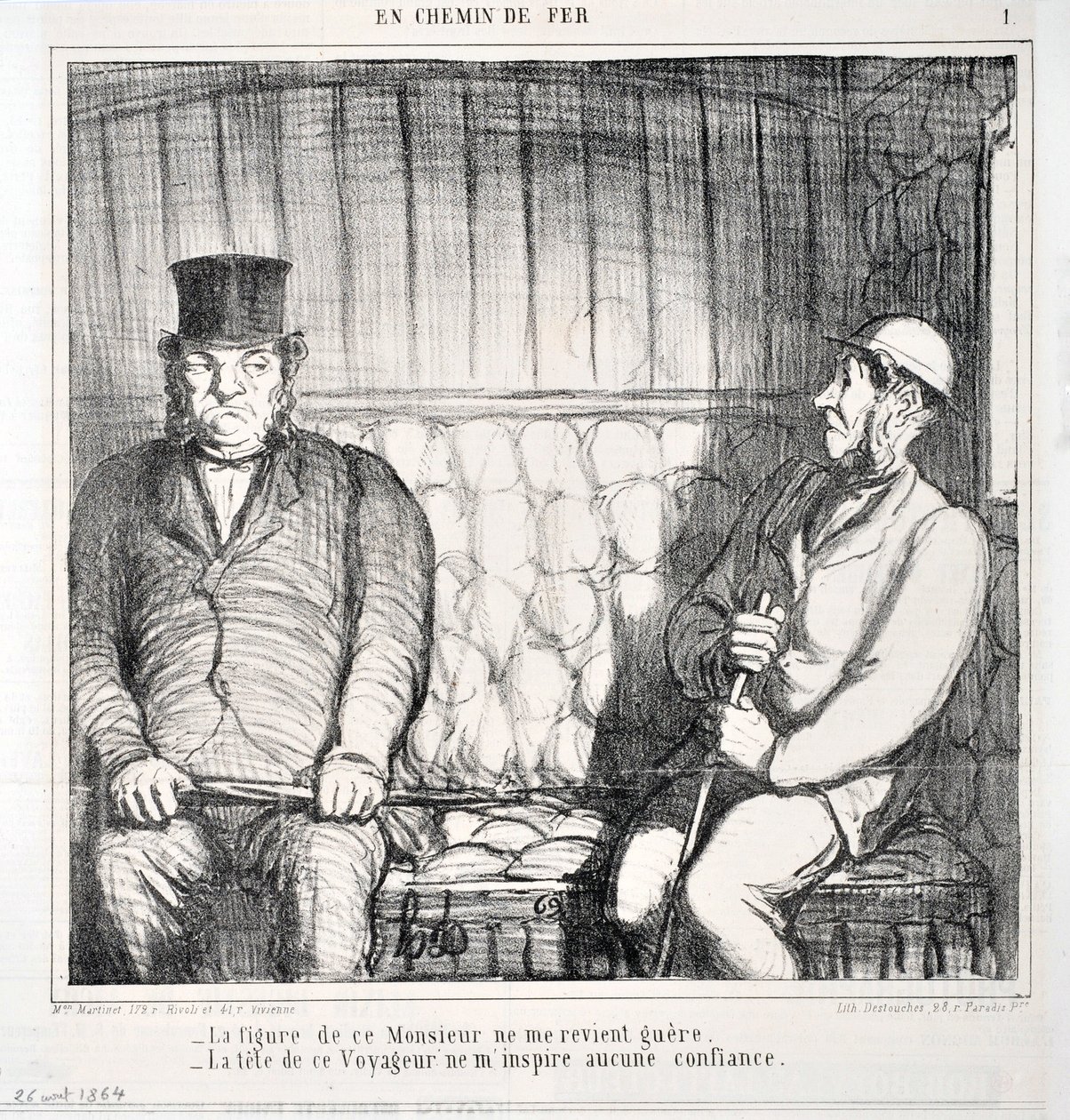 Honore Daumier (1808-1879) alkotásai. Charivari 1864-ből származik: Serie LES CHAINS DE RAILWAY "" -Ennek az úriembernek az alakja nem jut eszembe. - ennek az utazónak a feje nem kelt bennem bizalmat””” MUSEE DES BEAUX ARTS – PALAIS LONGCHAMP, MARSE alkotó: Honoré Daumier