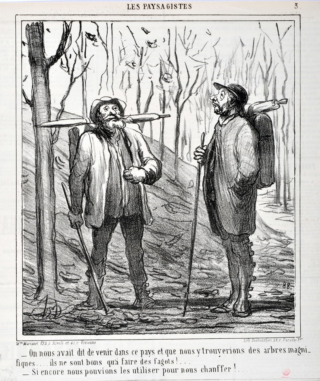Honore Daumier (1808-1879) műve. A Charivari 1864-ből származik: Azt mondták nekünk, hogy jöjjünk erre az országra, és hogy gyönyörű fákat találunk... ezekből lehet faggyút készíteni!... "Ha fűteni tudnánk velük!..." A FIN MÚZEUM alkotó: Honoré Daumier