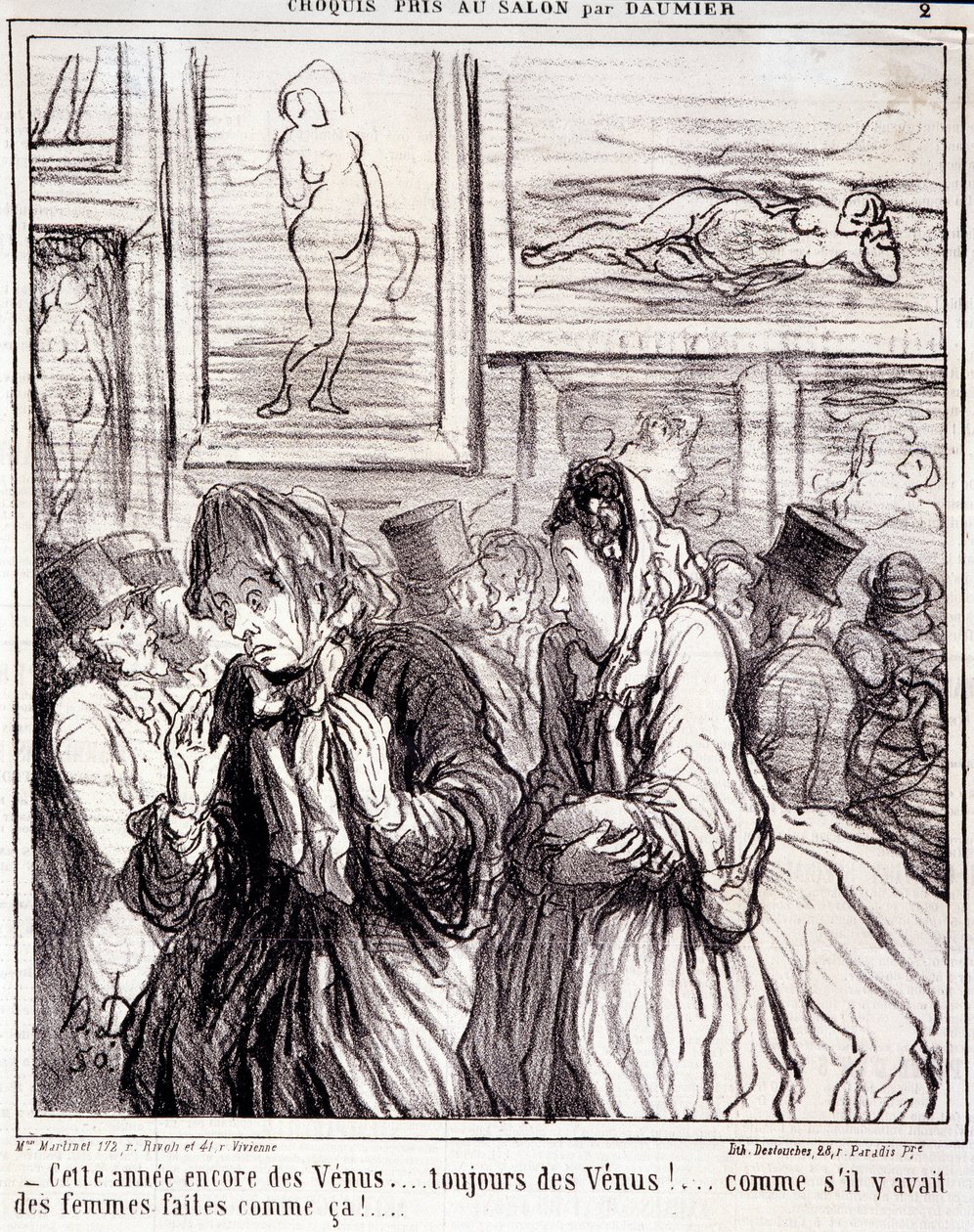 Honore Daumier (1808-1879) alkotásai. Charivari 1865-ből származik: Serie Sketches Taken at the Salon- „” Idén ismét a Vénusz... mindig a Vénusz!... mintha lennének ilyen nők!” Kivonat a „” Le Charivari”” újságból. Mérete: 28x28 cm. Inv alkotó: Honoré Daumier