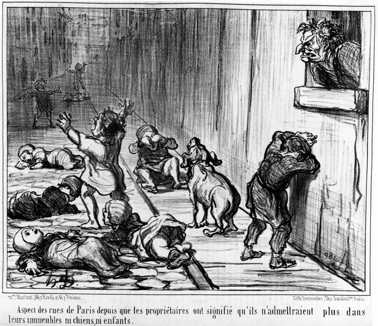 Párizs utcáinak látványa, mivel a tulajdonosok azt jelentették, hogy többé nem engednek be az épületeikbe sem kutyákat, sem gyerekeket, Honore Daumier (1808-1879) "Tenants et Proprietaires" című karikatúrasorozatából. "Charivari" alkotó: Honoré Daumier