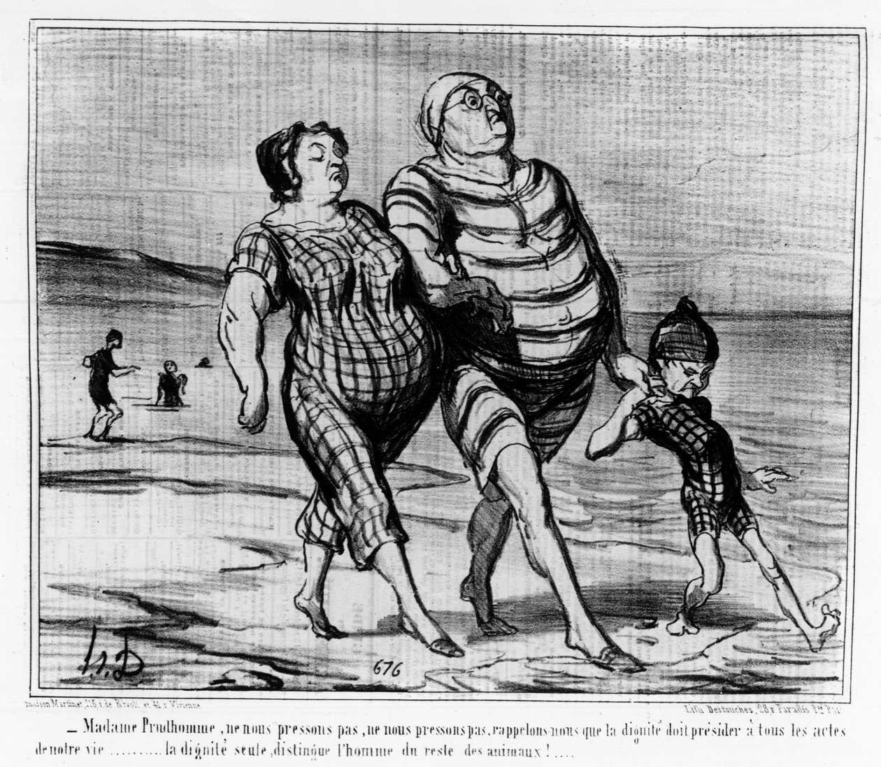 A tengeri fürdőnél: párizsi család sétál a tengerparton - Daumiernél, „Charivariban”” alkotó: Honoré Daumier
