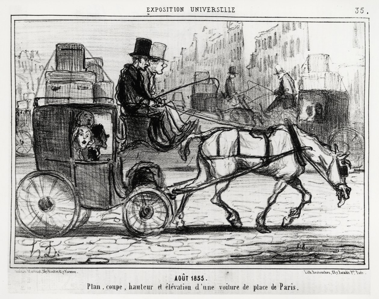 1855. augusztus, egyetemes kiállítás: egy párizsi autó terve, vágása, magassága és magassága. Illusztráció Honore Daumier (1808-1879) által, a „Charivari” című újságban, szeptember 4-én alkotó: Honoré Daumier