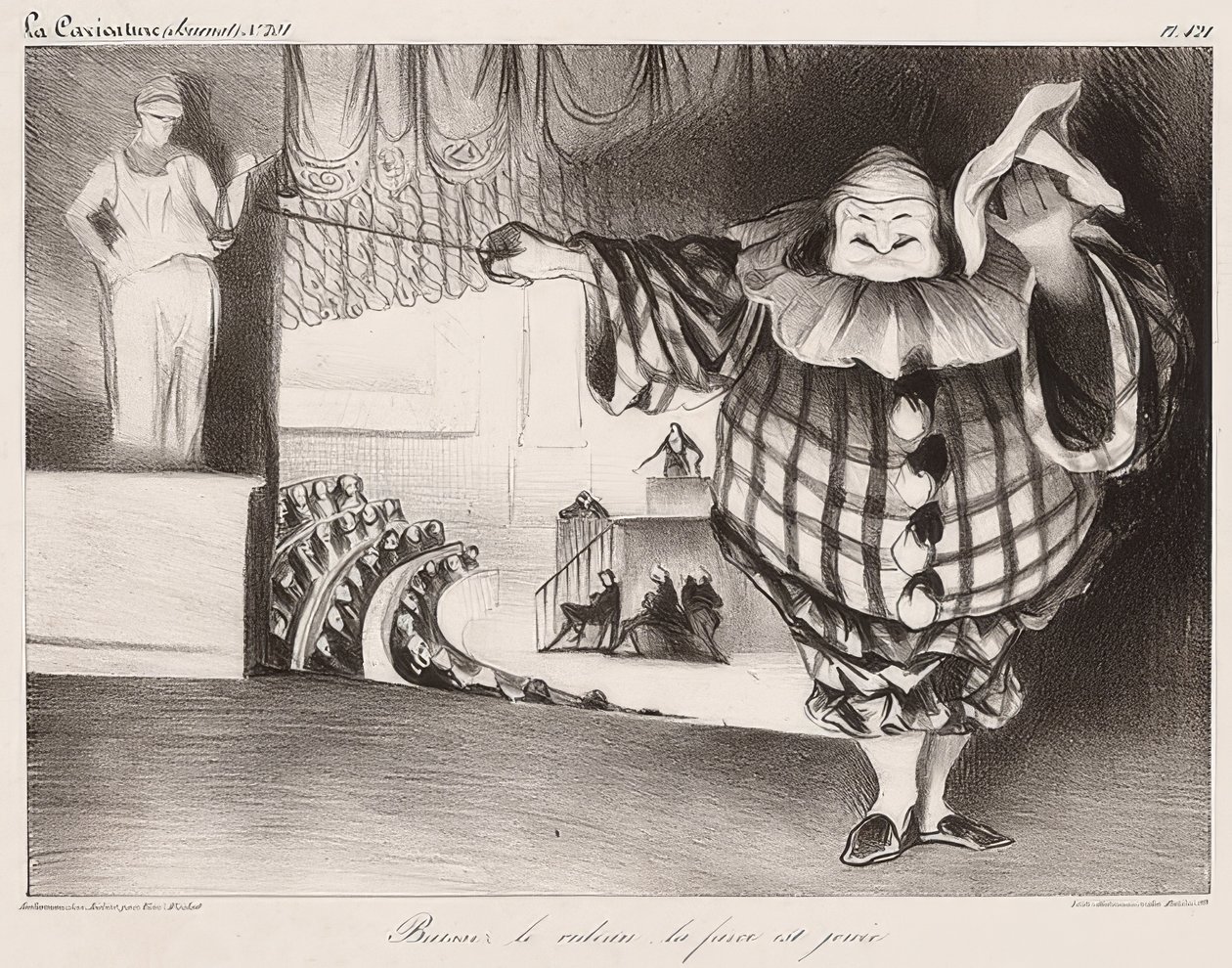 Engedje le a függönyt, a bohózat játszódik / Senkt den Vorhang, die Posse ist (és: La Caricature no. 201, 1834.09.11.). 1834 alkotó: Honoré Daumier