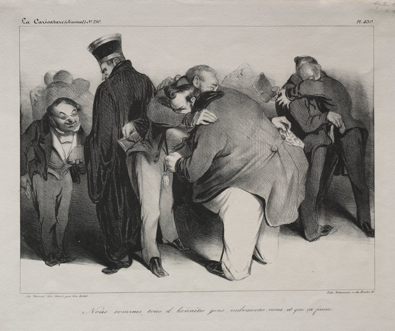 Karikatúra, 439. tábla: Mindannyian becsületes emberek vagyunk, úgyhogy öleljük magunkhoz, és végezzünk vele alkotó: Honoré Daumier
