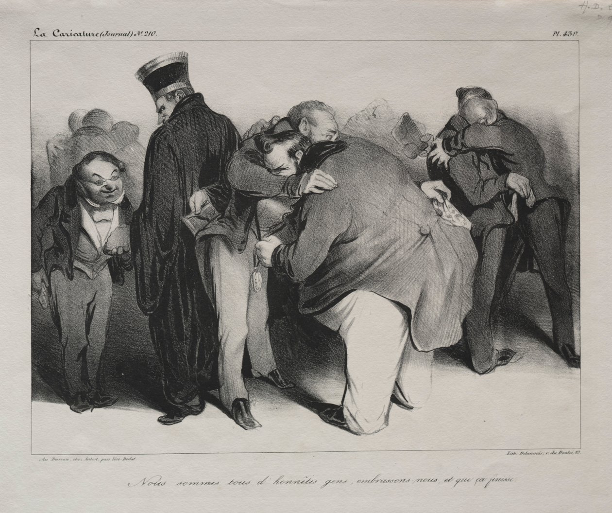 Karikatúra, 439. tábla: Mindannyian becsületes emberek vagyunk, hát öleljük át, és végezzünk vele, 1834. alkotó: Honoré Daumier
