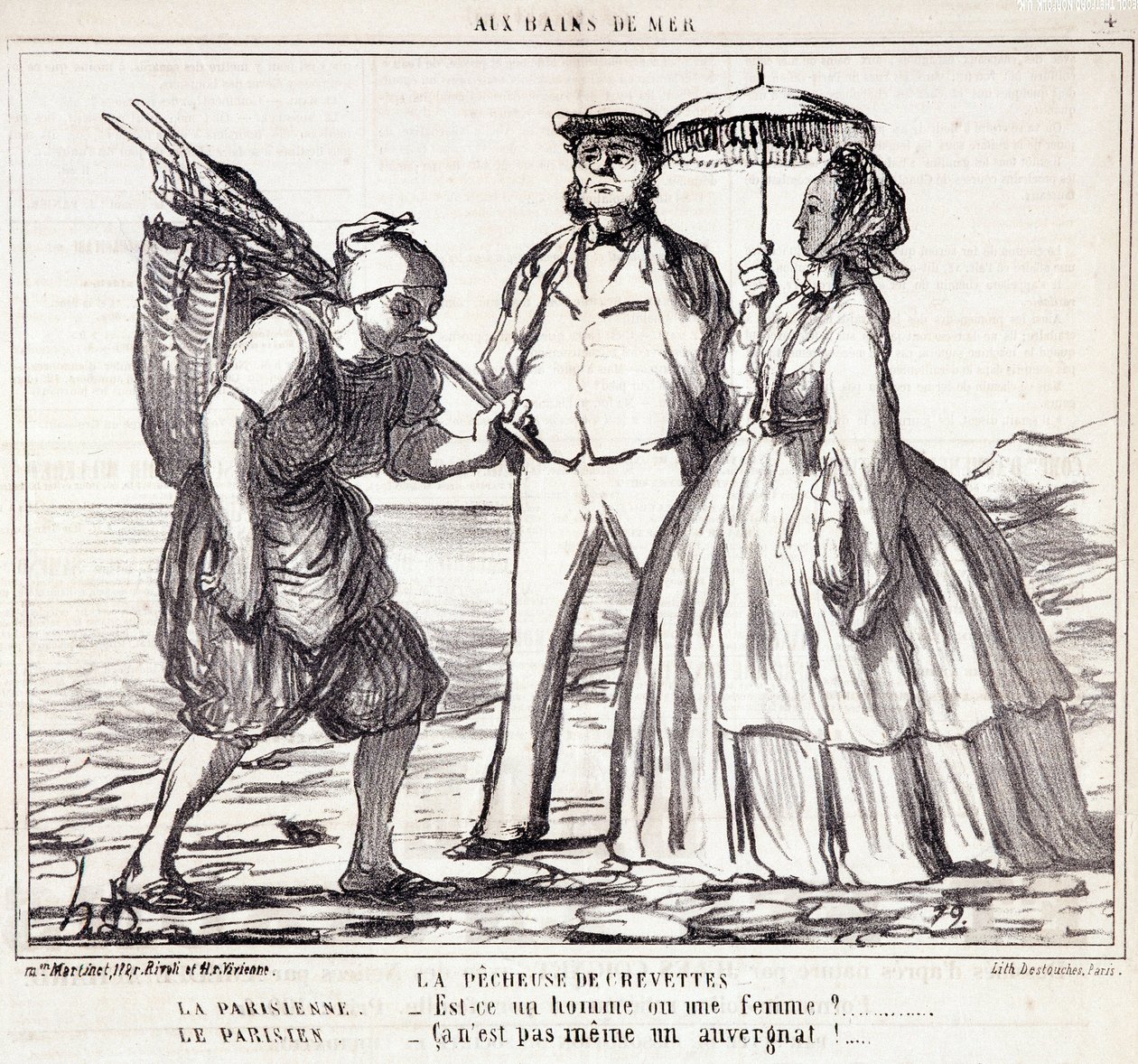 Rajzfilm a vakációzó párizsi turistákról. „” Axe Bains de Mer”” sorozat: „A garnélarák halászata...” Honore DAUMIER (1808-1879) metszete. Kivonat a „Le Charivari” című újságból, szeptember 5-én alkotó: Honoré Daumier