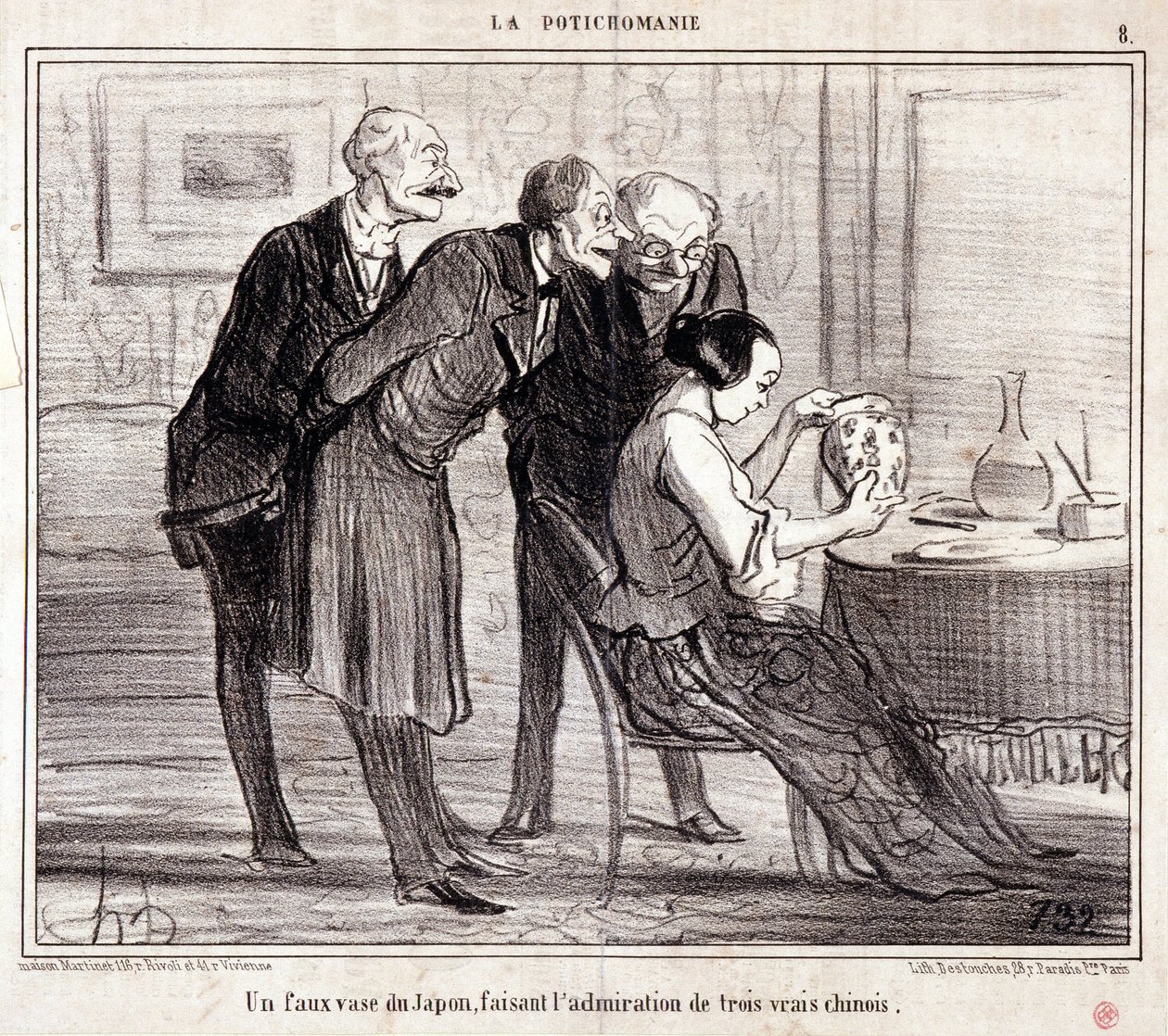 Rajzfilm a műgyűjtőkről. "" Potichomania"" sorozat: "" Egy hamis váza Japánból, amely három kínait csodál meg." Honore DAUMIER (1808-1879) metszete. Kivonat a „Le Charivari” újságból alkotó: Honoré Daumier