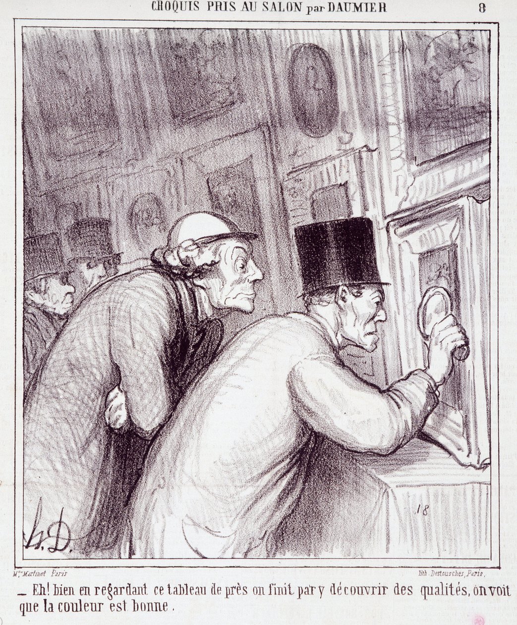 Rajzfilm a művészet szerelmeseiről. Sorozat „” Vázlat a Szalonban, Daumier”: „” Eh! jól nézzük ezt a festményt, végül felfedezzük a minőséget, látjuk, hogy jó a színe.” Honore DAUMIER (1808-1879) metszete. Kivonat a „” Le Chari című újságból alkotó: Honoré Daumier