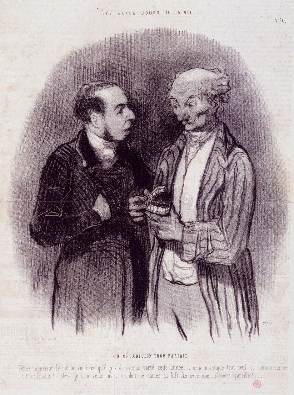 Rajzfilm a fogsebészekről. „Az élet szép napjai” sorozat: A szerelő túl tökéletes...””. Honore DAUMIER (1808-1879) metszete. Kivonat a „Le Charivari” című újságból, szeptember 22 alkotó: Honoré Daumier