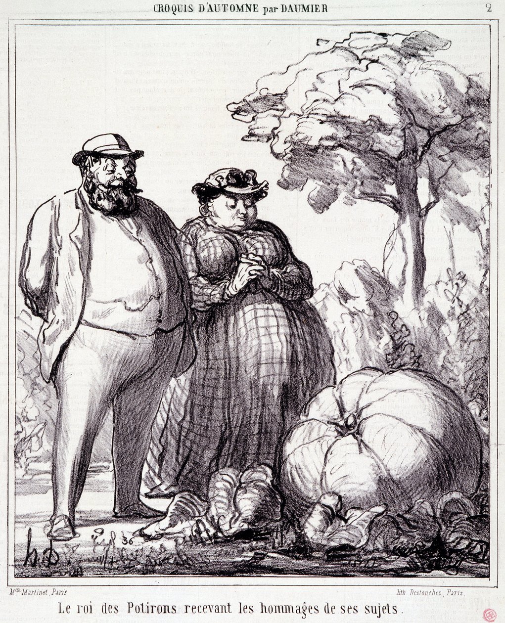 Rajzfilm a kertészkedésről. "" Őszi vázlat"" sorozat: "" A sütőtök királya tiszteletet kap alattvalóitól"". Honore DAUMIER (1808-1879) metszete. Kivonat a „Le Charivari” című újságból, szeptember 23-án alkotó: Honoré Daumier