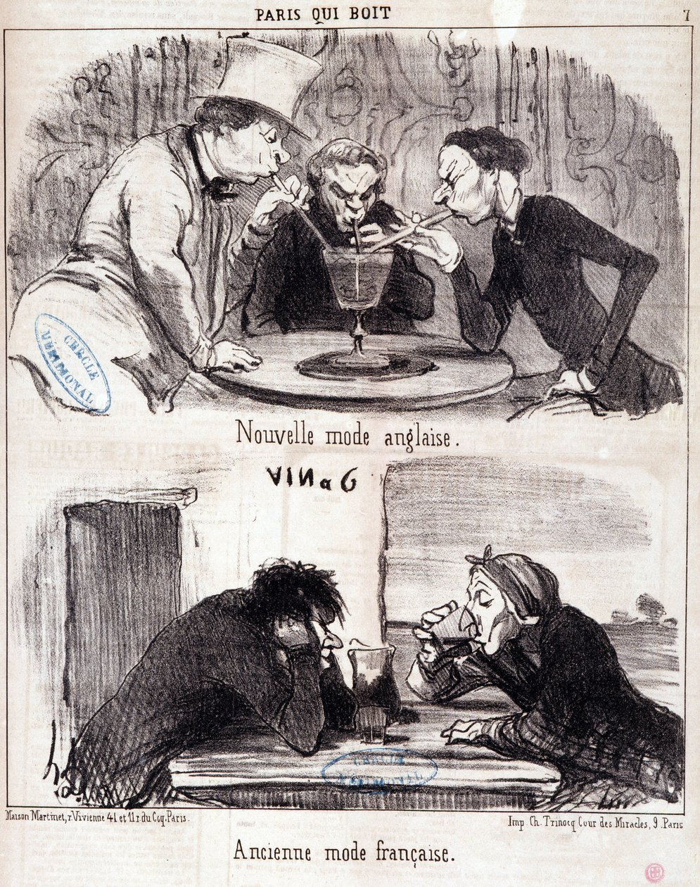 Rajzfilm a gasztronómiai visszaélésekről. „Paris qui drinks” sorozat: új angol divat és régi francia divat. Honore DAUMIER (1808-1879) metszete. Kivonat a „” Le Charivari”” újságból, 1852. június 23. Mérete 37x26 cm Inv D 2312 - doboz 24 N¡7. Marseille, Mú alkotó: Honoré Daumier