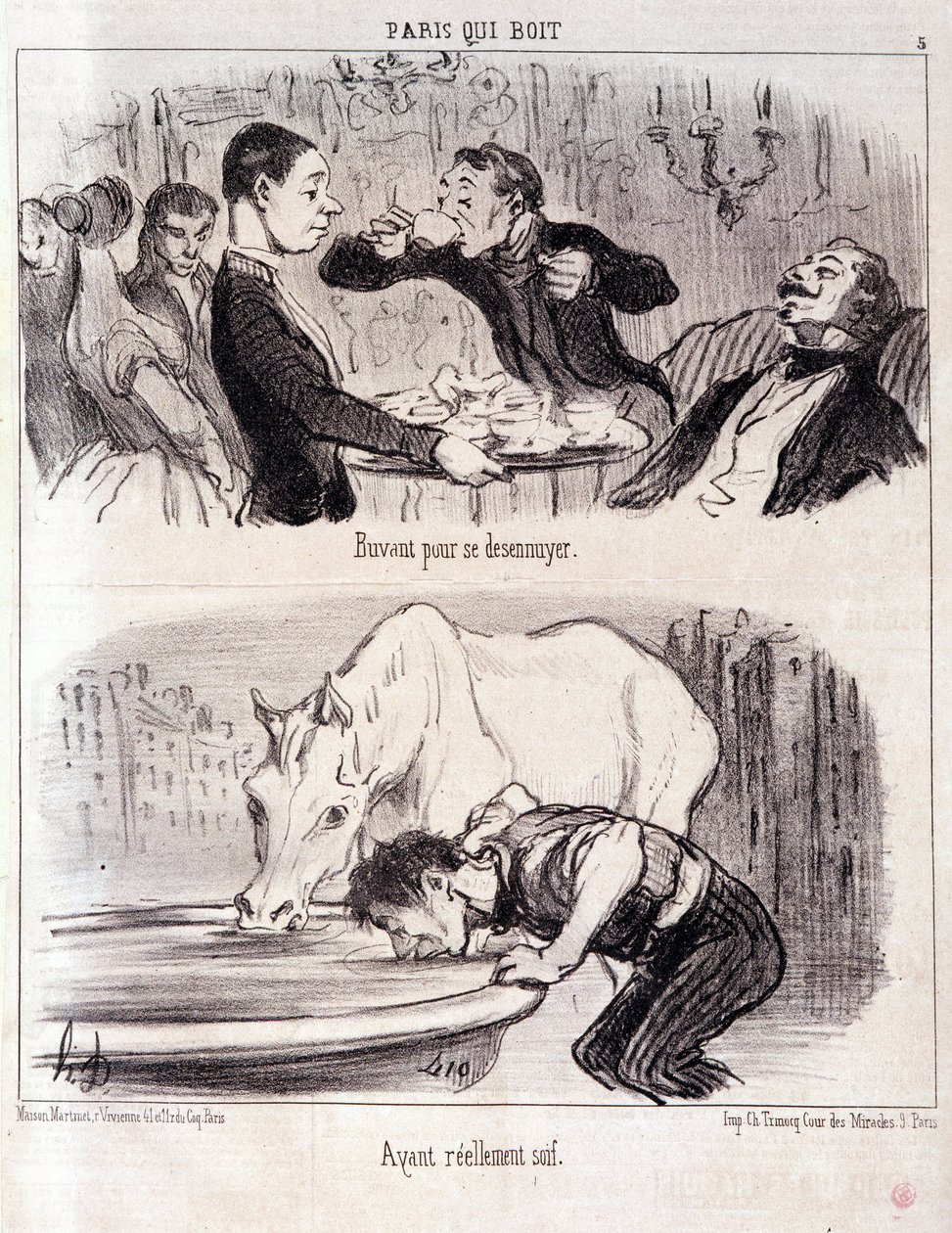 Rajzfilm a gasztronómiai visszaélésekről. Serie Paris iszik: "" Igyunk, hogy megunjuk. Tényleg szomjas.” Honore DAUMIER (1808-1879) metszete. Kivonat a „” Le Charivari”” újságból, 1852. június 16. Mérete 37x26 cm Inv D 2310 - doboz 24 N¡5. Marseille, Musee alkotó: Honoré Daumier