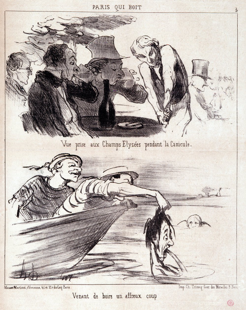Rajzfilm a gasztronómiai visszaélésekről. Serie „” Paris qui boire””: „” kép a Champs Elysees-n a hőséghullám idején. Most ivott egy szörnyű ütést." Honore DAUMIER (1808-1879) metszete. Kivonat a „Le Charivari” című újságból június 5-én alkotó: Honoré Daumier