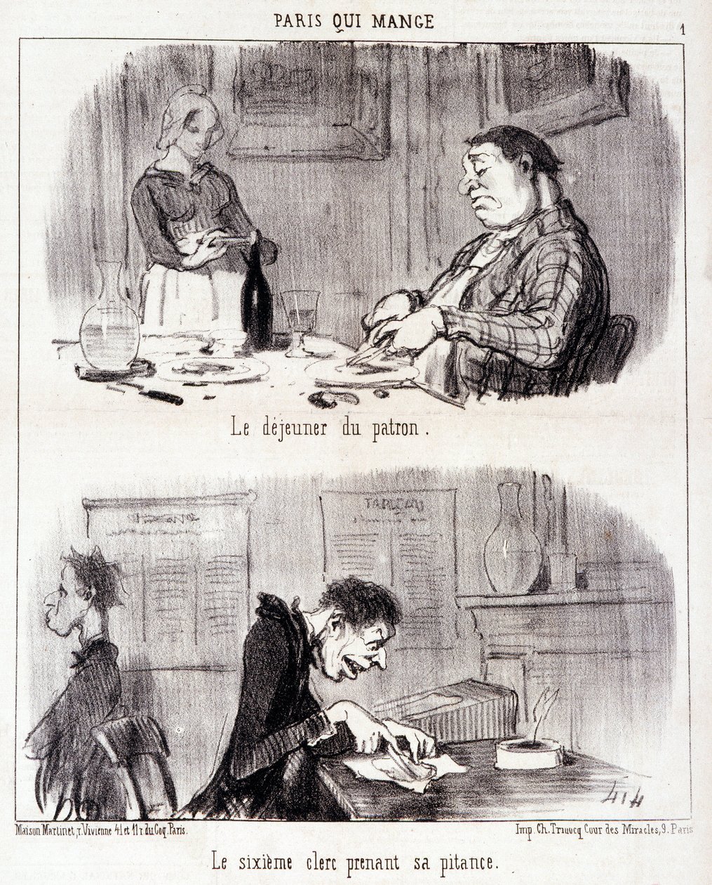 Rajzfilm a gasztronómiai visszaélésekről. Serie “” Paris qui mange””: A főnök reggelije. A hatodik jegyző elveszi a kárát. Honore DAUMIER (1808-1879) metszete. Kivonat a „Le Charivari” című újságból június 26-án alkotó: Honoré Daumier