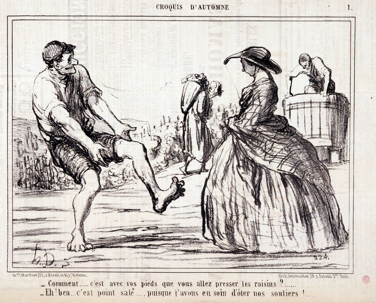 Rajzfilm a mezítláb szőlőt taposó kombájnokról. Serie "" Őszi vázlat"": "" Hogyan... a lábaddal fogod kinyomni a szőlőt? ...” metszet: Honore DAUMIER (1808-1879). Kivonat a „Le Charivari” újságból alkotó: Honoré Daumier