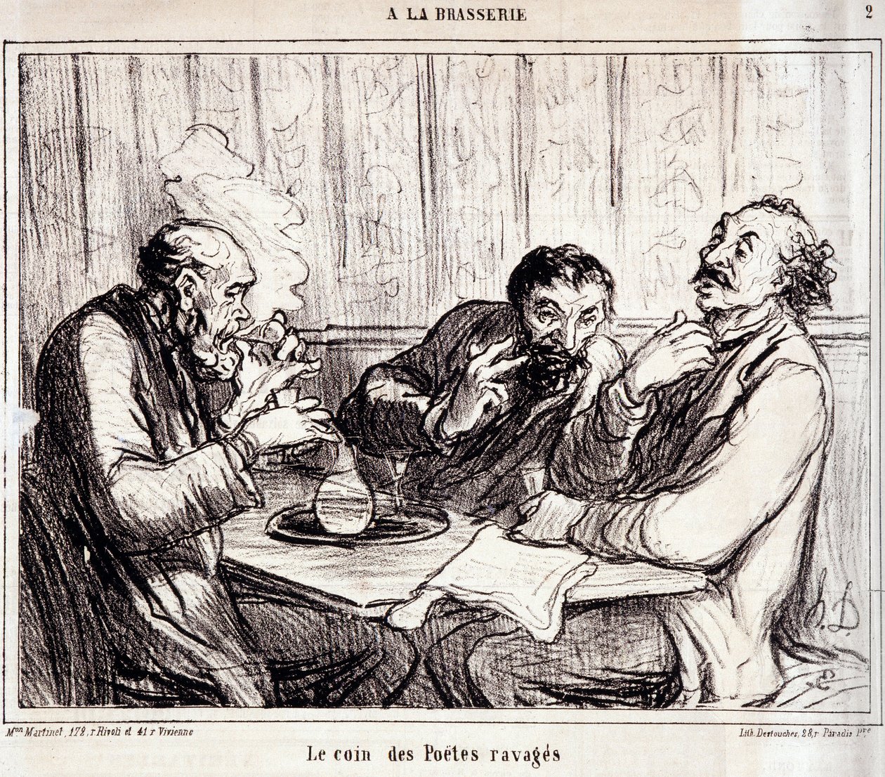 Karikatúra a versírókról. "A la brasserie" sorozat: "A feldúlt költők sarka". Honore DAUMIER (1808-1879) metszete. Kivonat a "Le Charivari" című újságból január 7. alkotó: Honoré Daumier